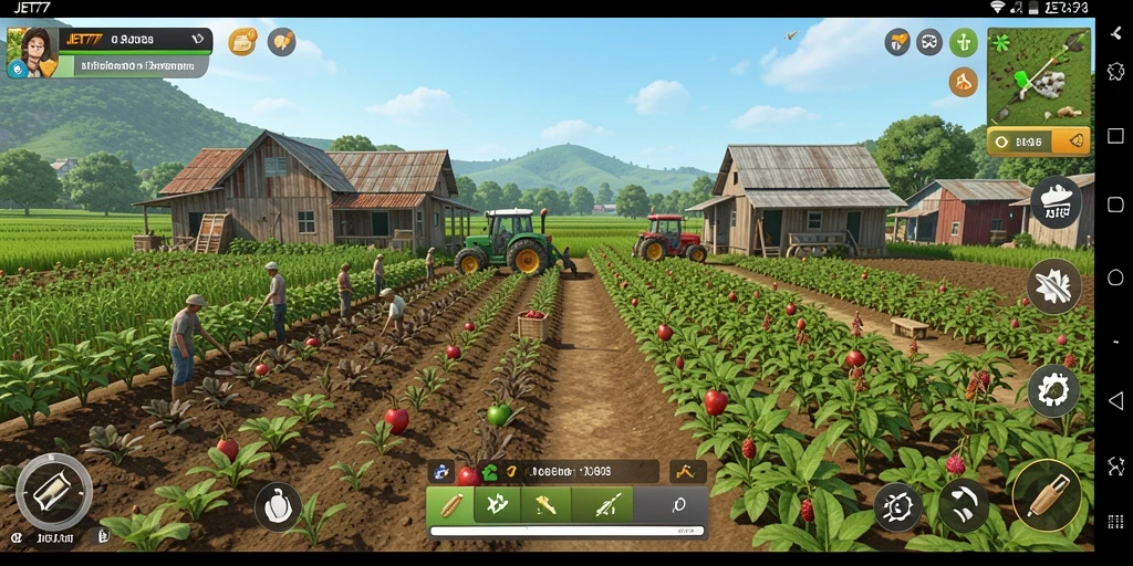 Tampilan gameplay JET77 dengan petani dan lahan subur.