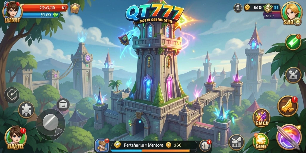 Screenshot gameplay QT777 menunjukkan momen pertarungan seru di Tower Defense.