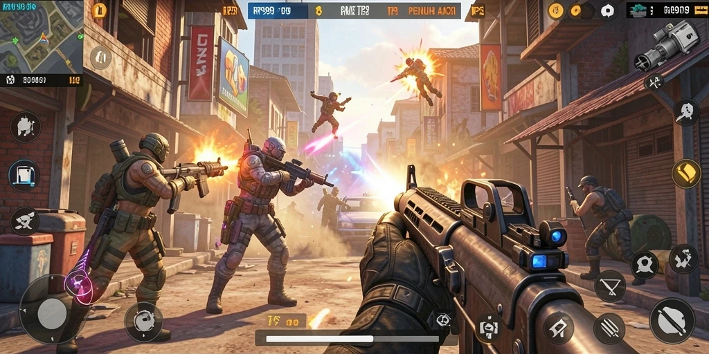 Screenshot gameplay RR999 menampilkan aksi tembak-menembak yang intens.