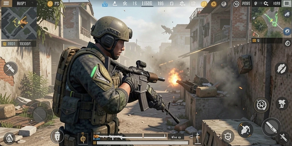 Screenshot menunjukkan aksi intens dari gameplay RVIP1 dalam mode FPS.