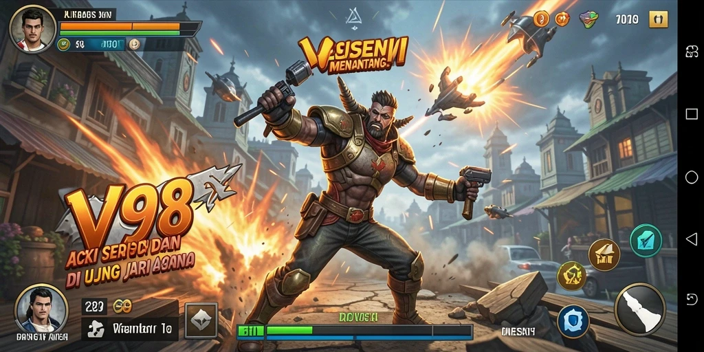 Screenshot V98 menampilkan gameplay intens dengan aksi mendebarkan.